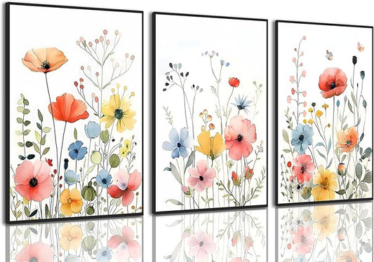 KISSFOX Framed Colorful Wildflower Canvas Wall Art Set Of 3 Flowers Pictures Prints Flowers Printing Floral Watercolors Flower wall Decor Living Room Girls Bedroom Bathroom