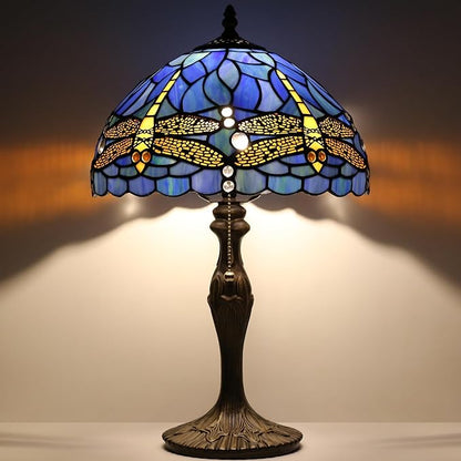 Tiffany Lamp Stained Glass Table Lamp 12 x 19” Bedside Reading Lamp Blue Dragonfly Style Decorative Lamp for Desk Living Room Bedroom Office Study Light Decor Gift