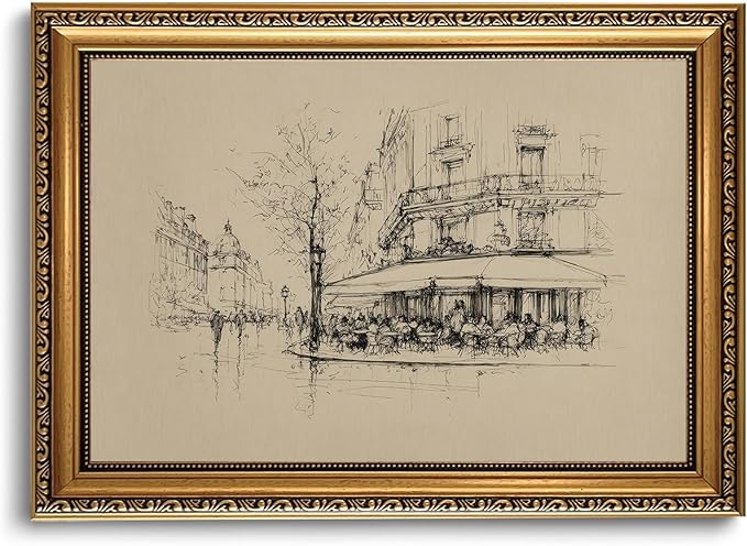 WZGZXU Vintage Gold Framed Wall Art Autumn Paris Cafe Wall Decor French Bistro Canvas Art Paintings Street Sketch Picture Antique Drawing Artwork For Dining Room Kitchen 16x24in