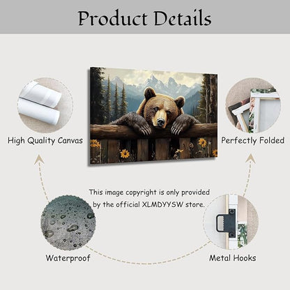 XLMDYYSW Bear Canvas Wall Art Brown Bear Pictures Wall decor Rustic Woodland Wildlife Print Forest Wild Animal Painting for Living Room Bedroom Cabin Framed (24L x 36W)