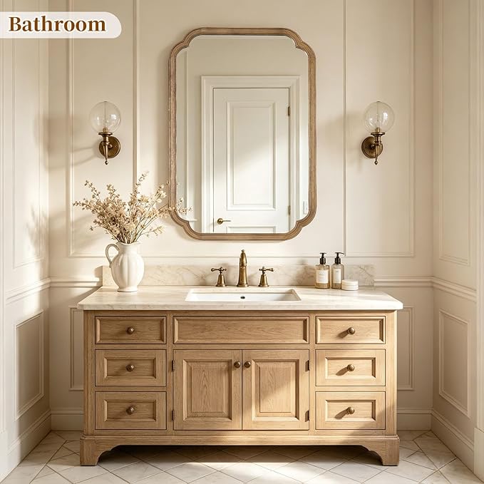 HOMECOOKIN Wood Bathroom Mirror for Wall Decor Arched Rounded Corner Rustic Wood Frame Wall Mirror Home Decorative for Vanity, Living Room, Bedroom, Entryway (24 x 36 inch, Honey A)