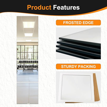 Delma Frameless Mirror Tiles 18"x18"x4 Pcs Wall Mounted, Shatter Resistant Full Length Tempered Glass Panels for Home Gym Bathroom Bedroom & Living Room Decor
