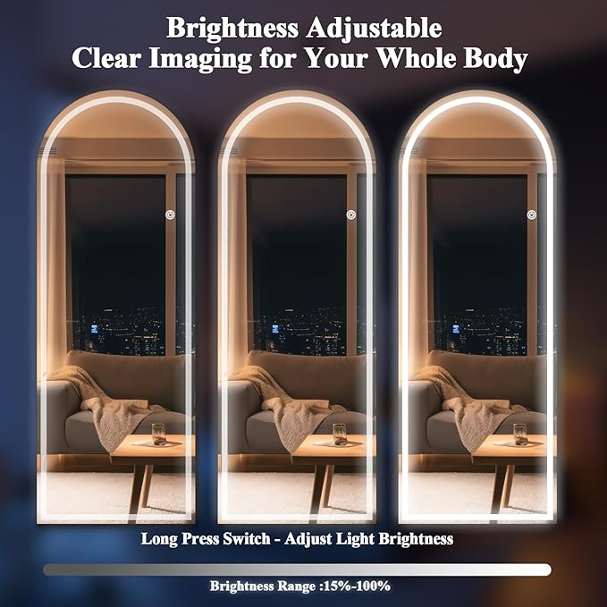 Arched LED Mirror Full Length - 64" x 21" Large Arch Floor Full Body Mirror with 3 Color Lights Brightness Adjustable, Standing Leaning for Bedroom, Dressing Room, Cloakroom, White