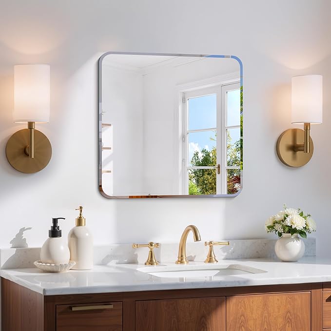 CILIBER Beveled Mirror, 18x18 Square Bathroom Mirror Rounded Corner, 3mm Tempered Glass, 18 inch Frameless Vanity Mirror with Beveled Edge for Bathroom, Bedroom, Living Room and Entryway