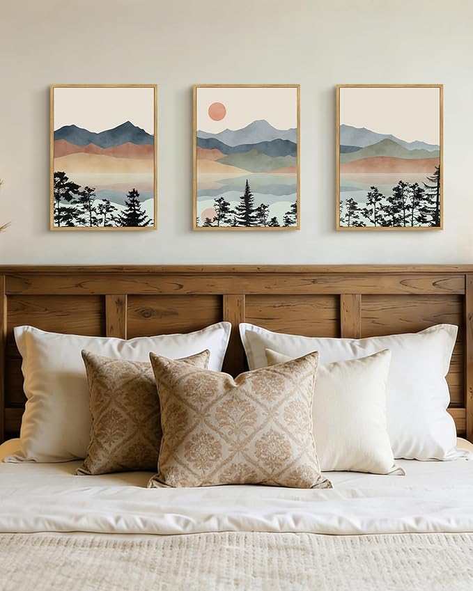 Drsoum Mountain Range Landscape Wall Art Framed Ink Wash Watercolor Nature Wall Decor Laker Sun Rises Prints Bedroom Living Room Ready to Hang 11x14in Natural Framed