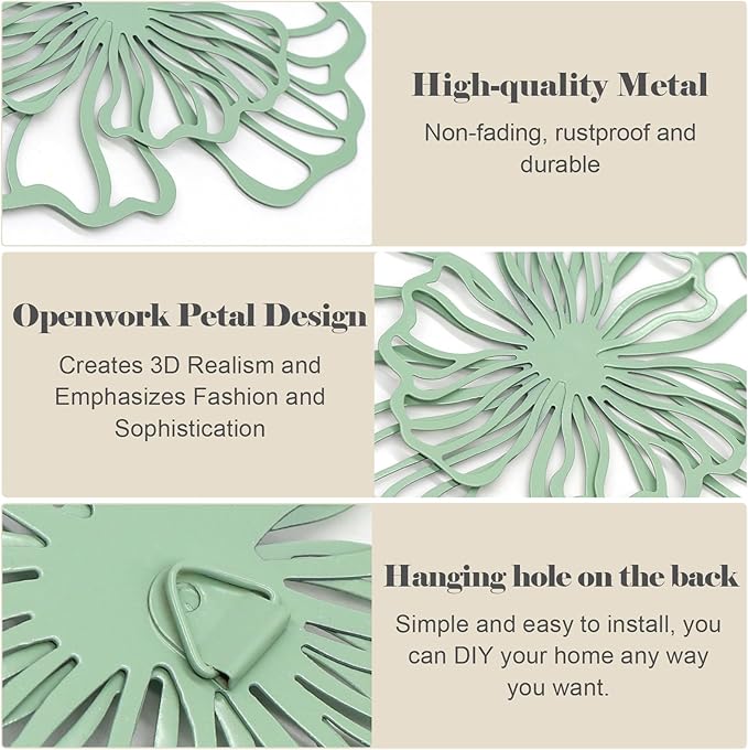 7 Piece Metal Wall Decor for Living Room, Boho Double Layered Iron Flower Wall Hanging Art, Aesthetic Indoor Metal Wall Sculpture Decor for Bedroom Kitchen Bathroom Farmhouse Home Office, Green