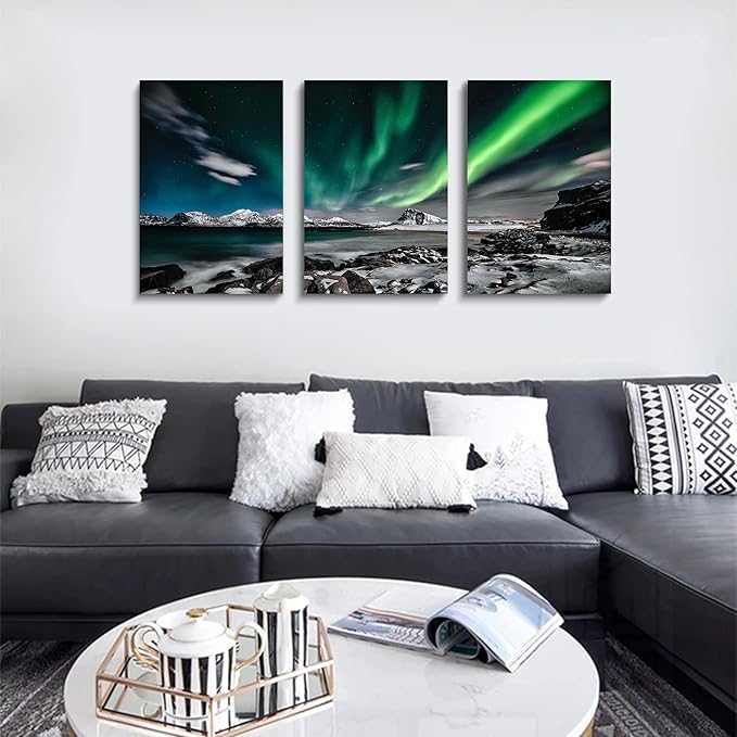 Green Sky Poster 3 Pieces Wall Art Ephany Art Aurora Scenery Painting on Canvas Landscape Sky Night Painting Stretched and Framed Canvas Paintings Ready to Hang for Home Decorations Wall Decor