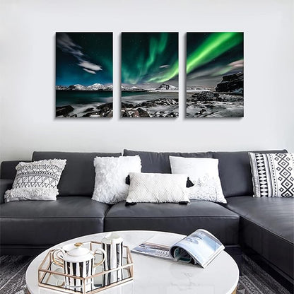 Green Sky Poster 3 Pieces Wall Art Ephany Art Aurora Scenery Painting on Canvas Landscape Sky Night Painting Stretched and Framed Canvas Paintings Ready to Hang for Home Decorations Wall Decor