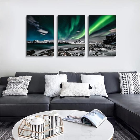 Green Sky Poster 3 Pieces Wall Art Ephany Art Aurora Scenery Painting on Canvas Landscape Sky Night Painting Stretched and Framed Canvas Paintings Ready to Hang for Home Decorations Wall Decor