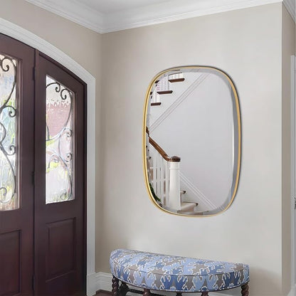 POZINO Bathroom Beveled Mirror, 24"x32" Brushed Gold Vanity Mirrors for Over Sink, Modern Rectangle Aesthetic Wall Mirror in Premium Stainless Steel Frame, Horizontal or Vertical Hanging