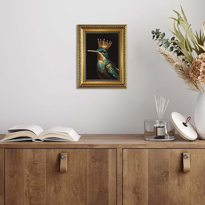 YD&YZY Gold Framed Vintage Wall Art Canvas Hummingbird Birds King Wall Decor Retro Golden Wall Prints Cute Animal Painting Picture Print for Bedroom Living Room Bathroom 8x10 inch Small Framed