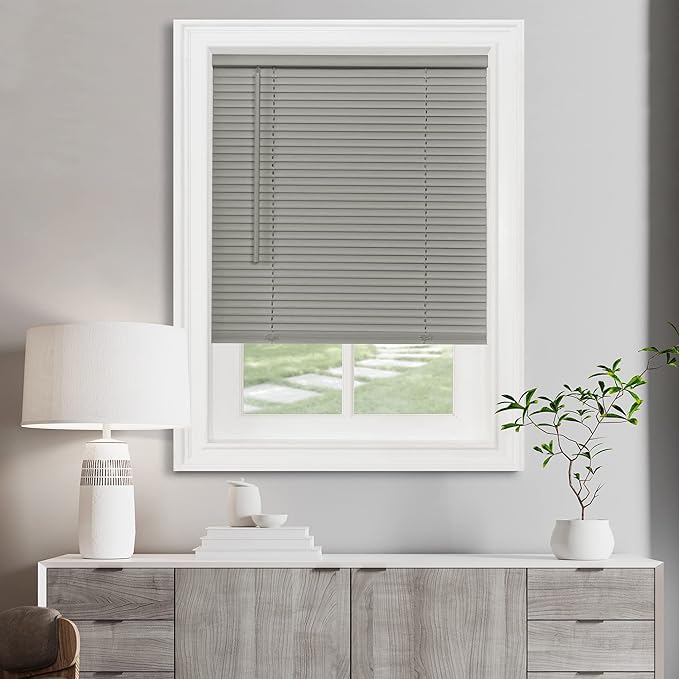 Cordless Light Filtering Mini Blind - 34 Inch Width, 64 Inch Length, 1" Slat Size - Grey - Cordless GII Morningstar Horizontal Windows Blinds for Interior by Achim Home Decor