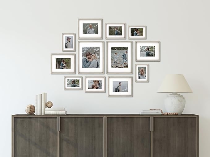 12 Pack Shadow Box Style Gallery Wall Frame Set – Deep Photo Frame Set with Mat for 8x10, 5x7 and 4x6 - Multiple Sizes Picture Frame Set for Wall Collage – Assorted Picture Frames for Wall (Gray)