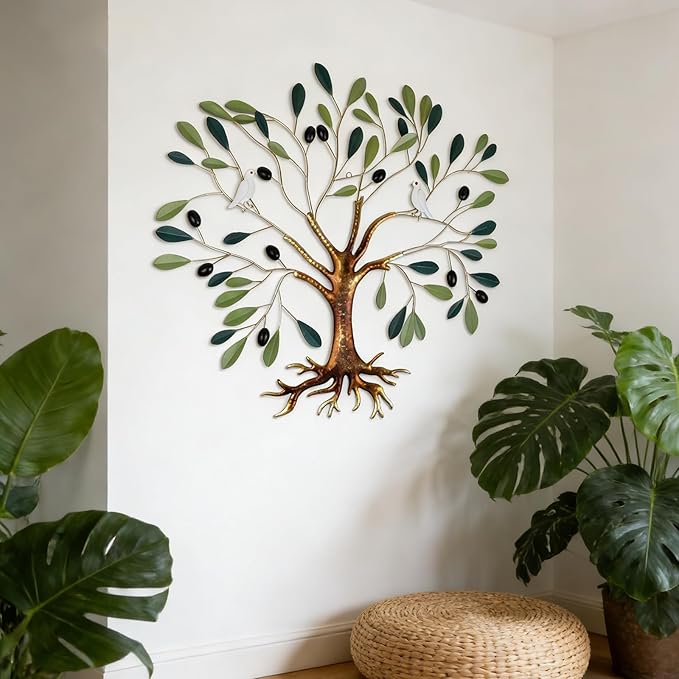 Fangoo Metal Green Olive Tree Metal Wall Art Tree of Life Home Decor with Dove of Peace 22 x 26 Large Olive Branches Lifelike Fruits Wall Hanging for Living Bedroom Garden Porch Office Wall Decor