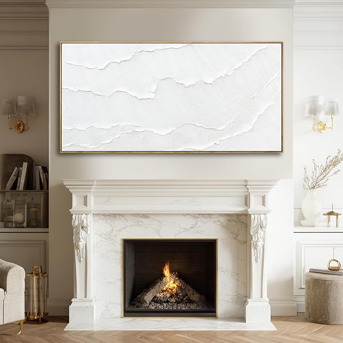 Contemporary White Abstract Hand-drawn Wall Art with Framed Large Canvas Ocean waves Painting for Living Room Bedroom Above Couch Decor 29"x58"