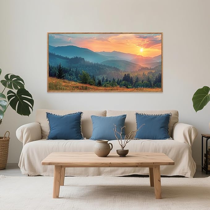 Aurlan Boho Mountain Sunset Landscape Framed Wall Art(40"x20"), Large Green Blue Ridge Grand Teton National Park Canvas Artwork, Abstract Modern Watercolor Nature Forest Scenery Decor for Home Office Bedroom
