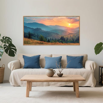 Aurlan Boho Mountain Sunset Landscape Framed Wall Art(40"x20"), Large Green Blue Ridge Grand Teton National Park Canvas Artwork, Abstract Modern Watercolor Nature Forest Scenery Decor for Home Office Bedroom