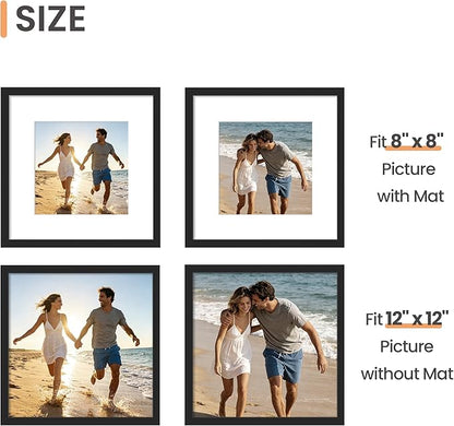 upsimples 12x12 Picture Frame Set of 5, Display Pictures 8x8 with Mat or 12x12 Without, Wall Gallery Poster Frames, Black