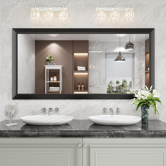 Amorho Black Bathroom Mirror, 60 X28 Inch Thick Metal Framed Wall Mirrors for Over 2 Sinks, Bedroom, Living Room, Entryway, Large Rectangle Wall-Mounted Mirrors.