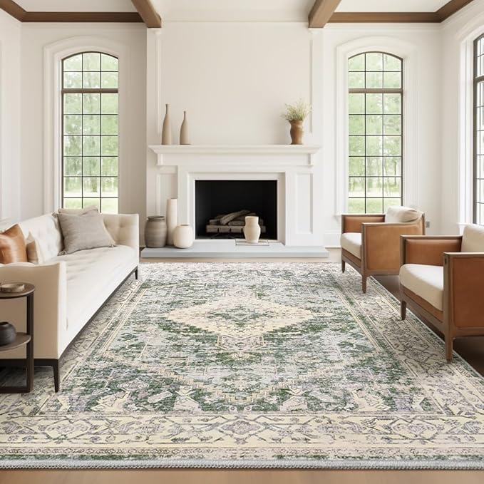 8x10 Washable Area Rug - Non Slip Vintage Rugs Soft Foldable Stain Resistant Large Carpet for Bedroom Living Room Office & Home Decor (Green,8'x10')