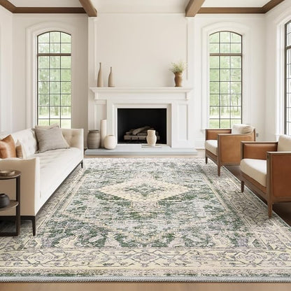 8x10 Washable Area Rug - Non Slip Vintage Rugs Soft Foldable Stain Resistant Large Carpet for Bedroom Living Room Office & Home Decor (Green,8'x10')