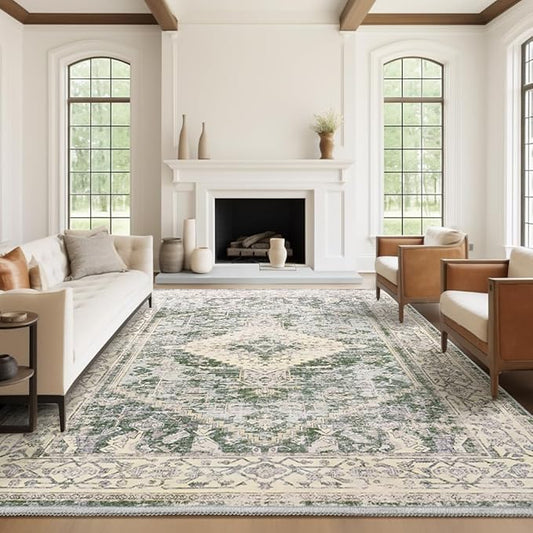8x10 Washable Area Rug - Non Slip Vintage Rugs Soft Foldable Stain Resistant Large Carpet for Bedroom Living Room Office & Home Decor (Green,8'x10')