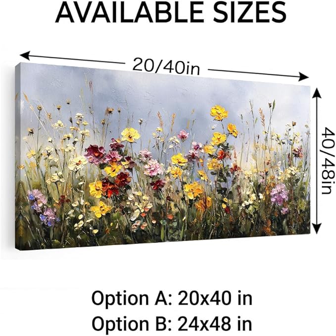 BQVCT Rustic Landscape Canvas Wall Art 24x48 Inch Field with Wildflowers and Mountains Giclee Print on Stretched Canvas, Nature Scenery Wall Decor for Living Room, Bedroom, Office