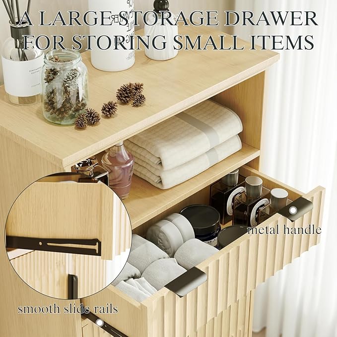 Fatmok Buffet Cabinet with Storage Seto of 2, 40" Modern Fluted Coffee Bar Cabinet with Drawer & Open Shelf, Wood Buffet Sideboard Console Table for Entryway, Kitchen, Living Room (Natural Wood)