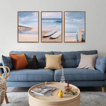 KAlRNE Coastal Seascape Wall Art Set of 3(16”X24”),Modern Ocean Beach Wall Decor,Seaside Holiday Surfboard Framed Canvas Paintings,Vintage Bridge Blue Bus Art Prints For Living Room Bedroom Office