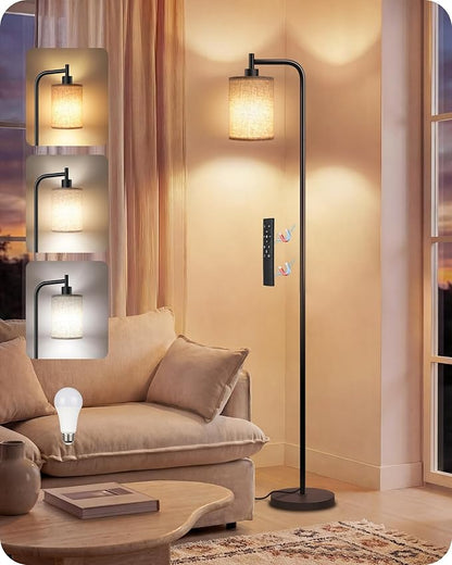 Dimmable Floor Lamp for Living Room with Remote and Foot Switch, Modern Standing, Corner Lamp,10W Bulb 3 Color Temperatures, for Bedroom, Office, Corner, ETL Listed, Black and Beige E19LD05