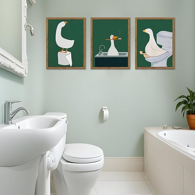 Framed Silly Goose Wall Art Bathroom Art Wall Decor Set of 3, Funny Gooses Poster Print, Dark Green Nursery Decor, Cute Animal Pictures Canvas for Kids Bathroom Washroom – 12x16 inch