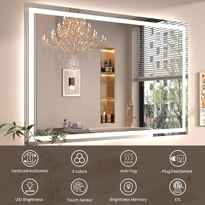 Snowdool 48"X30" LED Bathroom Mirror with Front Lights and Backlit, Anti-Fog, Dimmable, Shatter-Proof Tempered Glass, Lighted Bathroom Vanity Mirror for Wall with 3 Colors, Memory Function