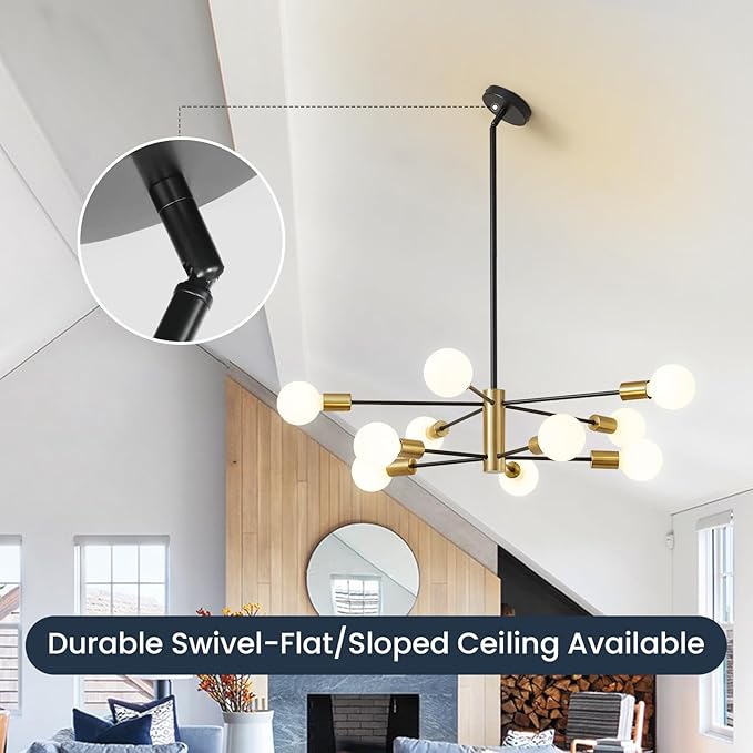 RUIYEY Sputnik Chandeliers Modern Black and Gold Chandeliers 10-Light Mid Century Farmhouse Chandelier Ceiling Light Fixture Height Adustable Pendant Light for Kitchen Island Living Room Dining Room
