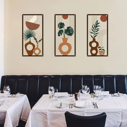 ShxTrade Boho Metal Wall Art Set of 3, Minimalist Botanical Wall Decor with Vase & Plant Silhouettes,Geometric Modern Mid Century Modern Artwork Art for Living Room Bedroom Bathroom Office