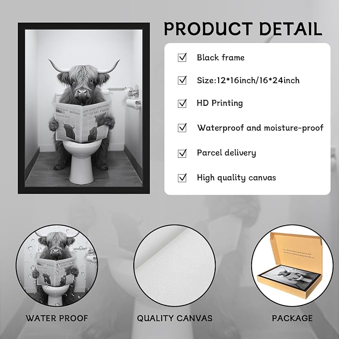 Black Wood Framed Funny Bathroom Highland Cow Wall Art, Black and White Cute Cow Animal Canvas Wall Decor Paintings Set of 3, Vintage Rustic Farmhouse Posters Prints for Bathroom Restroom 12x16 Inch
