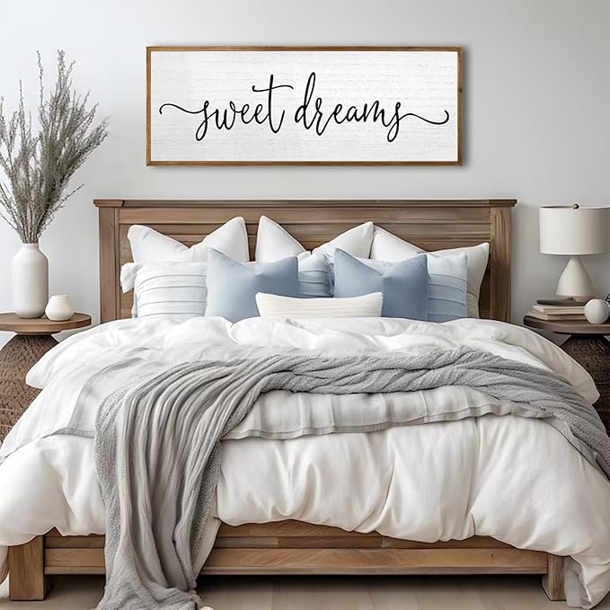 Sweet Dreams Wall Decor Above Bed Sign 24''×10'' Large Wood Framed Master Bedroom Guest Room Sweet Dreams Signs Farmhouse Rustic Wall Art Decoration (Wood)
