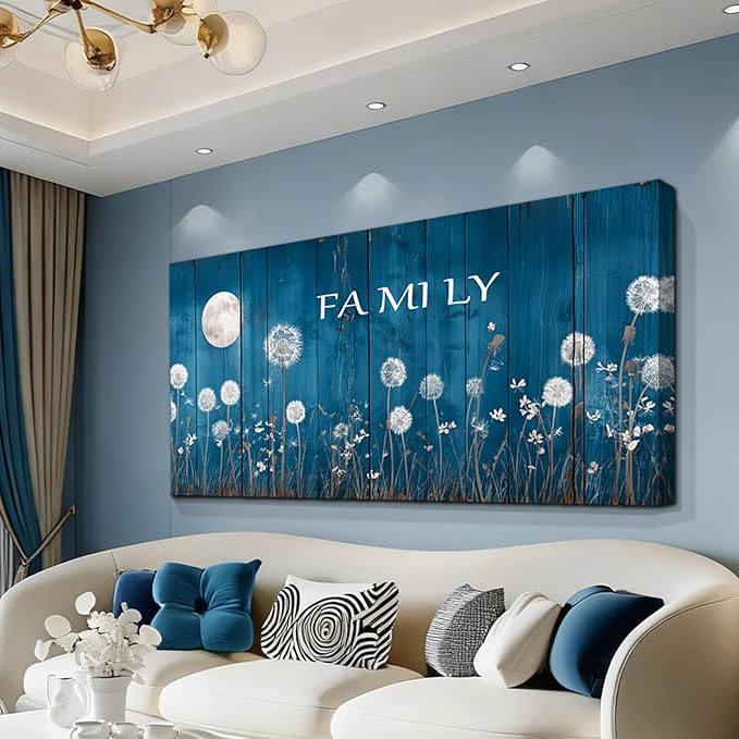 BQVCT Blue Dandelion and Moon Wall Art 20x40 Inch Large Gallery Wrapped Canvas Print Floral Botanical Decor on Rustic Wood Texture Ready to Hang for Living Room Bedroom
