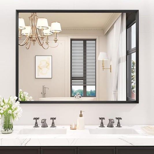 JISOSO 40x36 Inch Bathroom Mirror, Matte Black Framed Rectangle, 4MM Tempered Glass, Anti-Rust, Wall-Mounted Vanity Mirror for Bathroom & Bedroom - Hangs Horizontally or Vertically