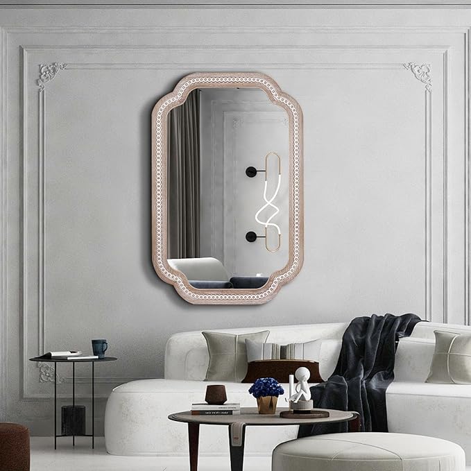 36x24 Inch Boho Wooden Scalloped Mirror for Entryway, Rustic Farmhouse Decorative Mirrors for Bathroom Over Sink, Living Room, Bedroom, Hallway (Vertical/Horizontal)