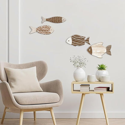 4 Pieces Wooden Fish Wall Decor Set, 12 Inch Coastal Wall Art for Bathroom, Beach House, Family Rooms - with Hooks & Adhesive Pads (Brown)