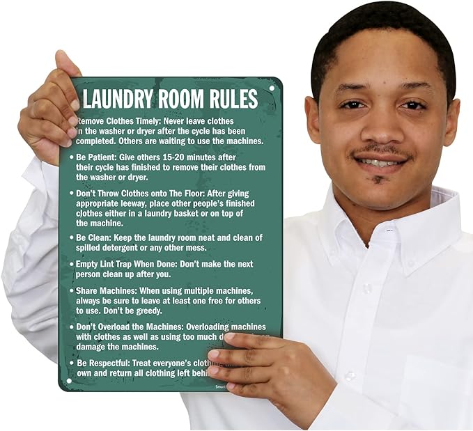 SmartSign Vintage 'Laundry Room Rules - Remove Clothes, Be Clean' Metal Laundry Sign, 14" x 10", 40 mil Laminated Aluminum, Home/Farmhouse/Laundromat Wall Décor, White/Rustic Green, USA-Made