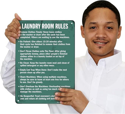 SmartSign Vintage 'Laundry Room Rules - Remove Clothes, Be Clean' Metal Laundry Sign, 14" x 10", 40 mil Laminated Aluminum, Home/Farmhouse/Laundromat Wall Décor, White/Rustic Green, USA-Made