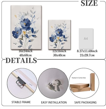 KISSFOX Framed Colorful Wildflower Blue Canvas Wall Art Set Of 3 Flowers Pictures Prints Flowers Printing Floral Watercolors Flower wall Decor Living Room Girls Bedroom Bathroom