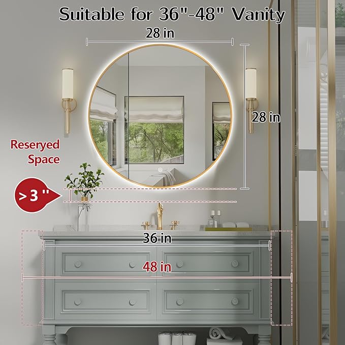 Niccy 28" LED Backlit Round Mirror for Bathroom, Gold Framed Vanity Light Wall Mirror, LED Smart Circle Mirrors with 3 Lighting Colors, Round Lighted Mirror with Anti-Fog, IP65 Waterproof