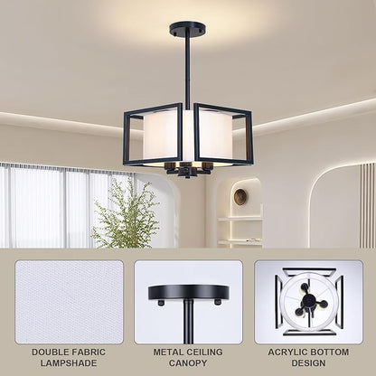 FRIDEKO HOME Flush Mount Ceiling Light Fixture - 3-Light Modern Semi Flush Mount Ceiling Light with Fabric Shade Black Metal Frame Drum Ceiling Lights for Bedroom Hallway Kitchen Living Room Entryway