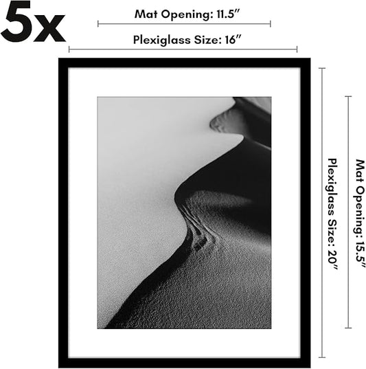 Americanflat 16x20 Picture Frame with Polished Plexiglass - Set of 5 - Use as 12x16 Frame with Mat or Display 16x20 Photo Without Mat - Galleria Collection - Picture Frames for Wall Display - Black