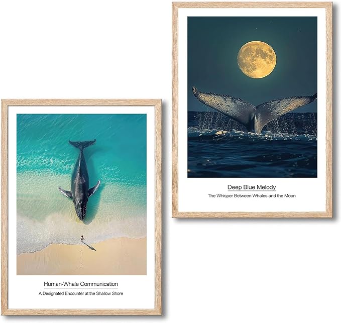 Framed Nautical Bathroom Wall Art Decor Blue Coastal Ocean Landscape Painting Print Artwork Whale Tail on Surface Picture for Modern Bedroom Kitchen Kids Room Home Decor 12"x16"x2 Pcs
