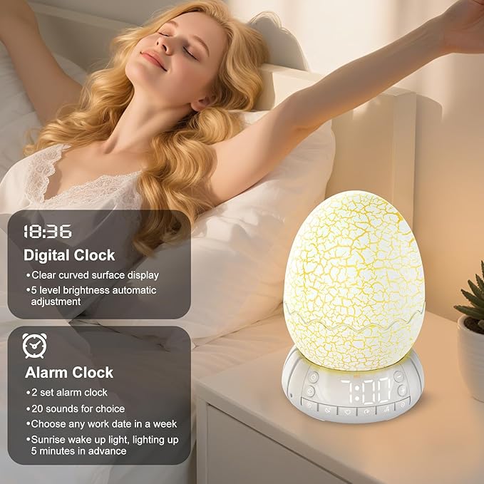 Dinosaur Egg Kids Clock/Decorative Lamp/Night Light/Bluetooth Speaker/White Noise Lullaby Machine 4 in1, 11 Colors Touch, Creative Gifts for Boys/Girls/Adult