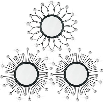 3 Pack Metal Mirrors for Wall Sunburst Wall Mirrors Home Décor Decorative Hanging Wall Art for Living Room Bedroom Entryway (Black Crystal, Flower+Sunburst)
