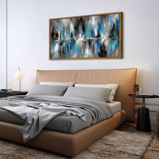 Abstract Blue and Grey Wall Art Framed Vintage Wall Decor Modern Artwork Prints for Living Room Minimalist Black and White Fantasy Lines Pictures Artwork Office Kitchen Bedroom Home Decorations 30x57.8"